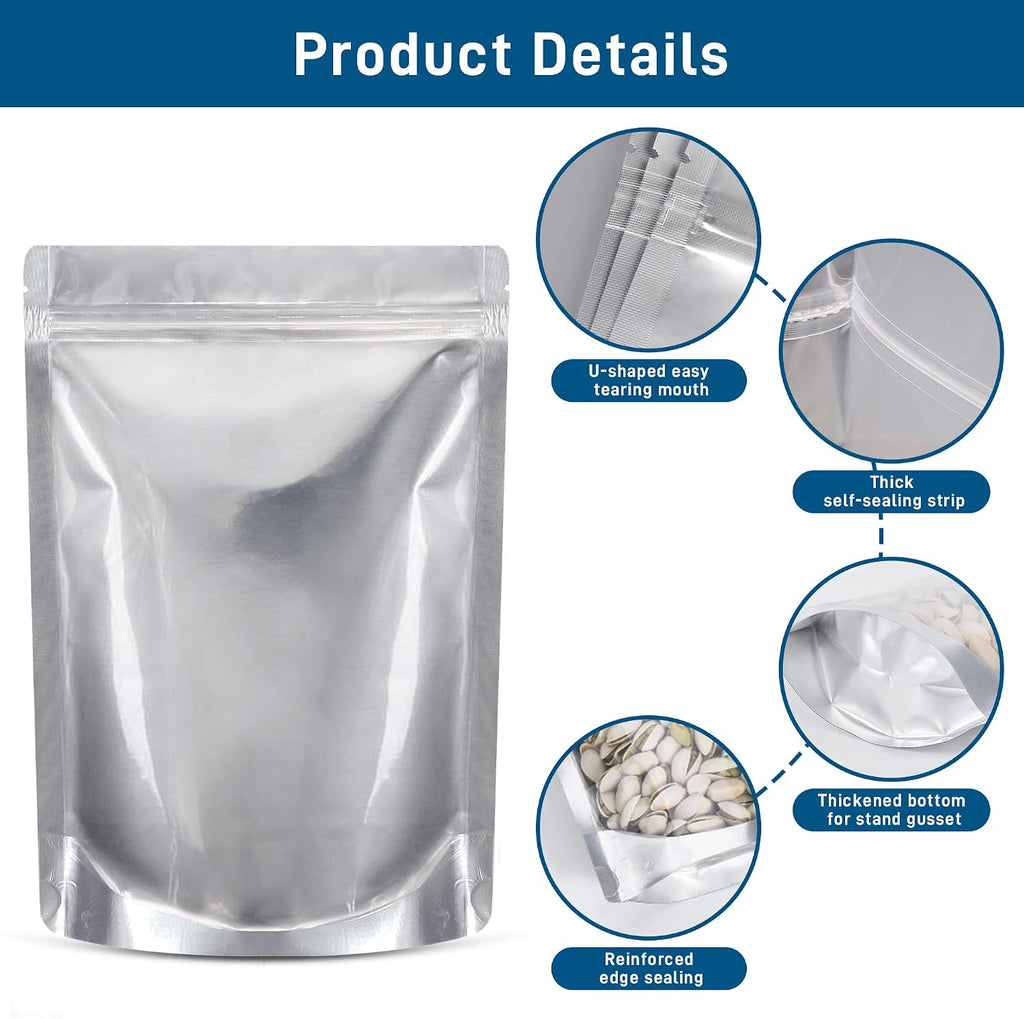 50 Packs Mylar Bags for Food Storage with Clear Window,1 QUART(9.44 Mil, 7"x 10") Reusable Mylar Bags with 400CC