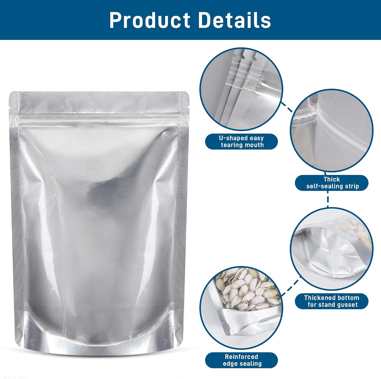 50 Packs Mylar Bags for Food Storage with Clear Window,1 QUART(9.44 Mil, 7"x 10") Reusable Mylar Bags with 400CC