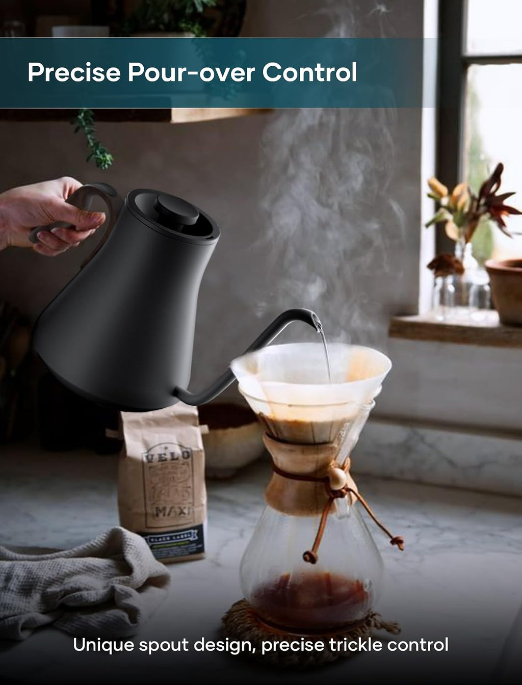 Gooseneck Electric Kettle with 1℉ Temperature Control, 0.9 Liter | Fast Heating, Stainless Steel Interior, for Pour