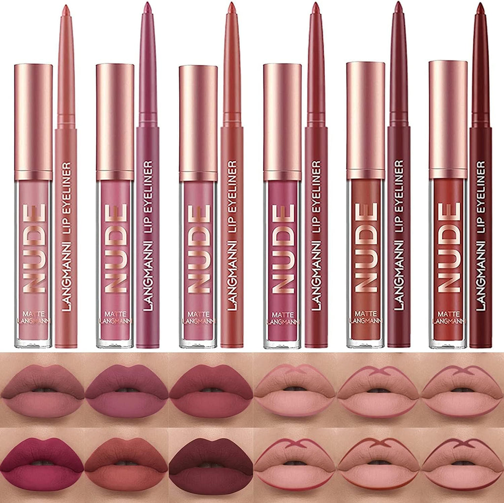 6 Matte Lipstick with 6 Lipliners Durable Makeup Set,Long-Lasting Non-Stick Cup Not Fade Waterproof Pigmented Velvet
