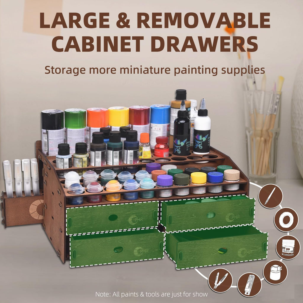 Paint Organizer Rack, Wooden Paint Holder with 48 Holes & 4 Drawers