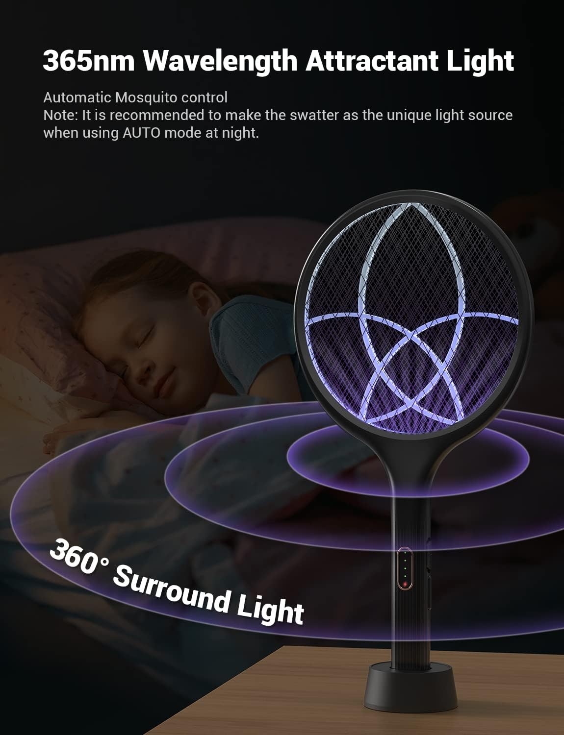 Electric Fly Swatter 4000V Bug Zapper Racket Dual Mode (2, Black) | Auto Manual Mode, Purple Attractant Light