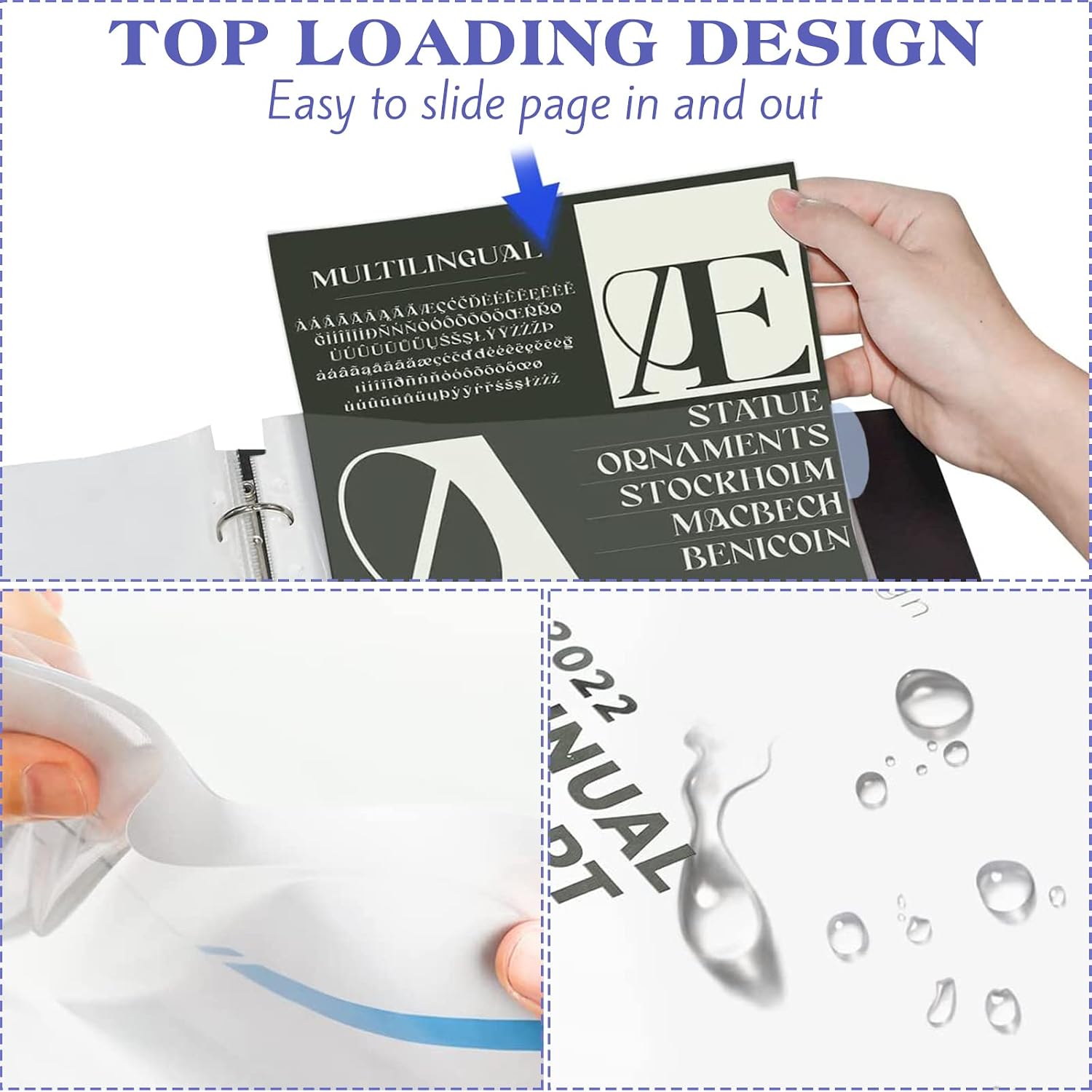 5 Set of 40 Pack A4 Plastic Sleeves Binder Index Dividers Pocket Dividers for 2/3/4 Ring Binder with 8 Tabs，Clear