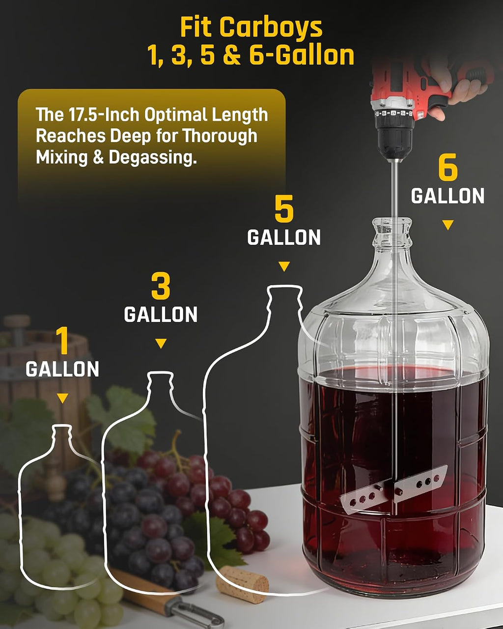 17.5" Wine Degasser Drill Attachment (Ver.3)Stainless Steel Stirrer | Foldable 17.5-inch Wine Making Mixer Rod, Wine
