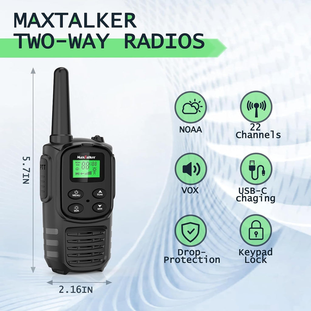 Walkie Talkies Long Range for Adult, MT10 Rechargeable Walkie Talkies FRS Two Way Radio, NOAA, 1200mAh Li-ion Battery
