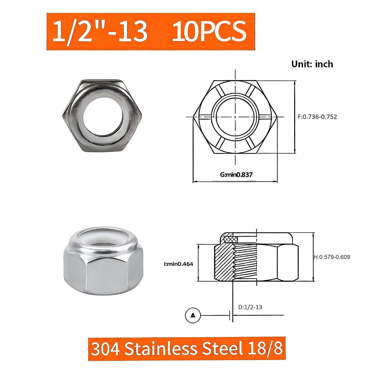 1/2"-13 Inch Lock Nuts,10PCS 304 (18-8) Stainless Steel Nylon Insert Lock Nuts,Standard Inch Thread Nylock Nuts