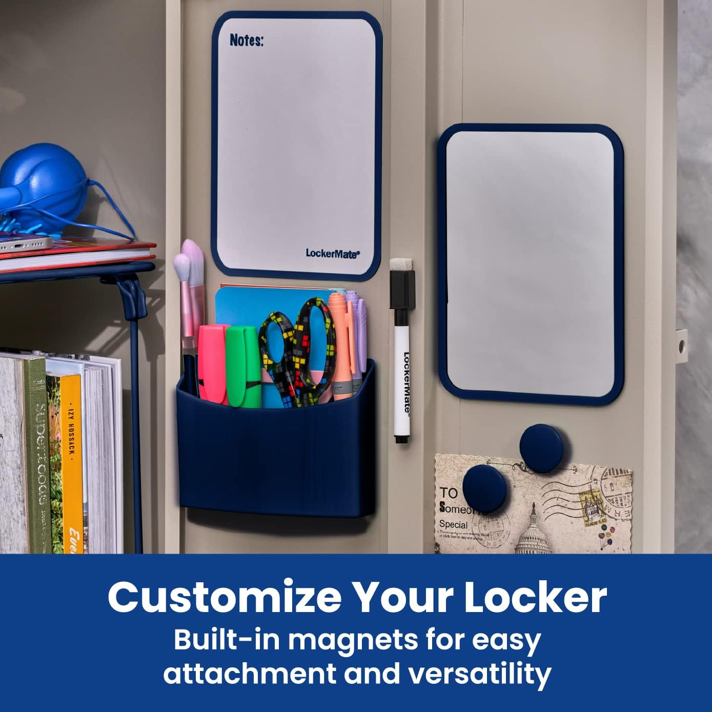 7-Piece Locker Organizer Kit, Includes Locker Shelf, Mirror, Whiteboard, Storage Cup & Dry Erase Marker, Blue