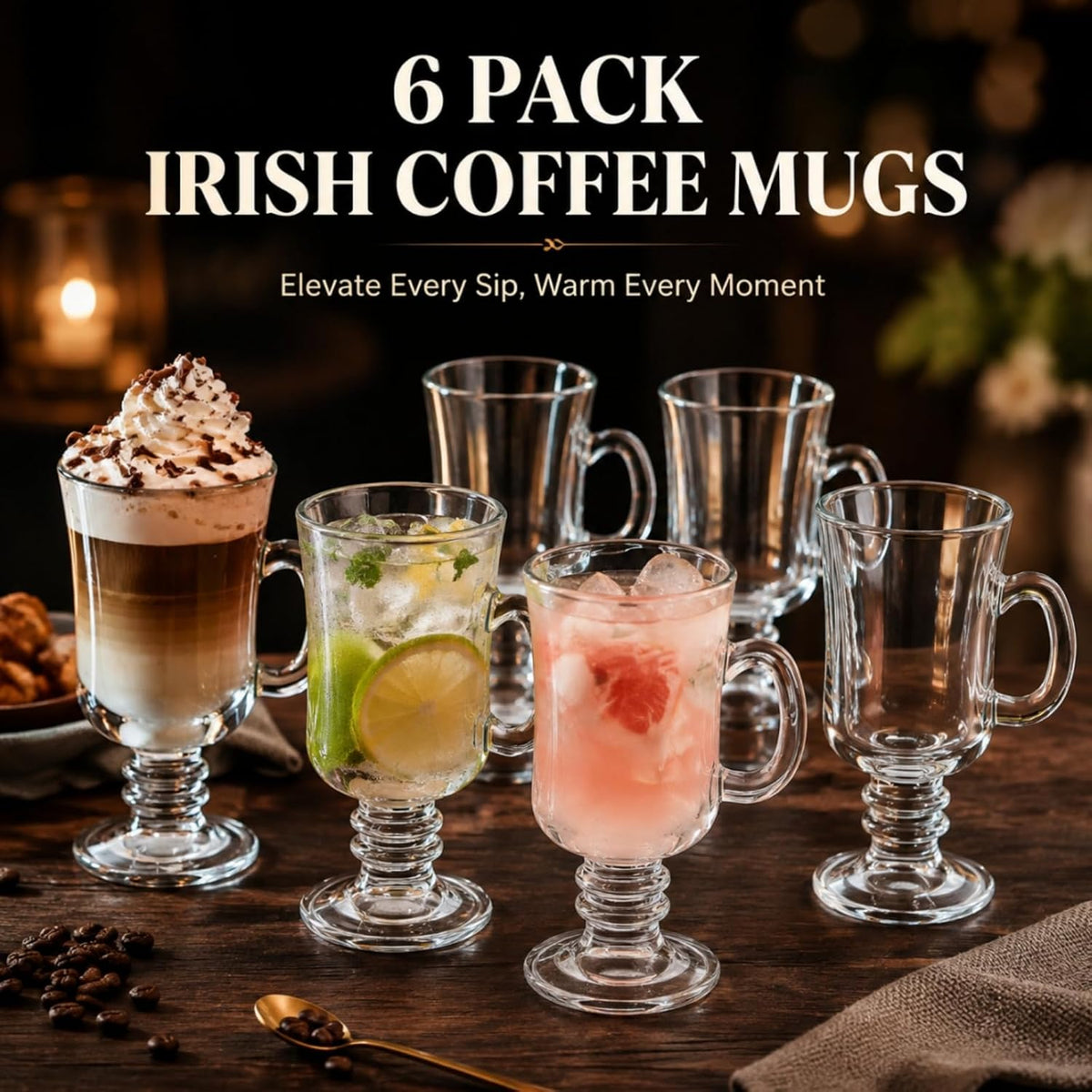 6 Pack Irish Coffee Mugs, 8 oz Glass Clear Coffee Cups Stemmed, Pedestal Crystal Coffee Cup with Handle for