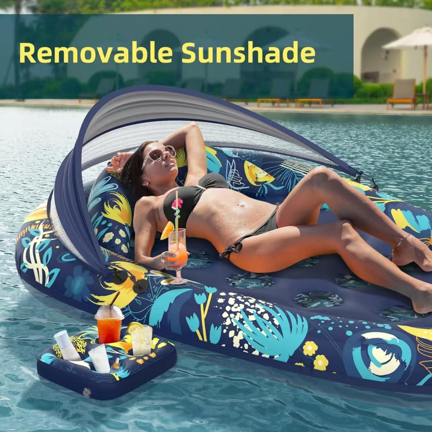3-in-1 Pool Floats with Canopy Cup Holder, Tanning Pool Large 73" x 48" Float Adult Heavy Duty, Inflatable Lounger