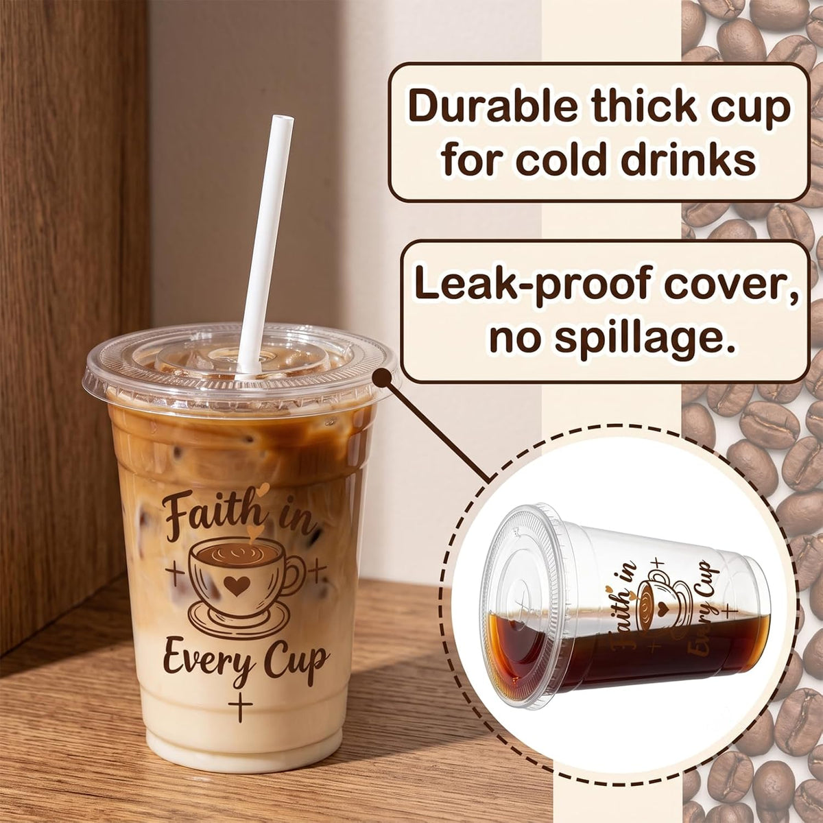 50 Count 16 oz compostable cold drink cups with lids and straws, plant-based PLA disposable tasting cups for juice