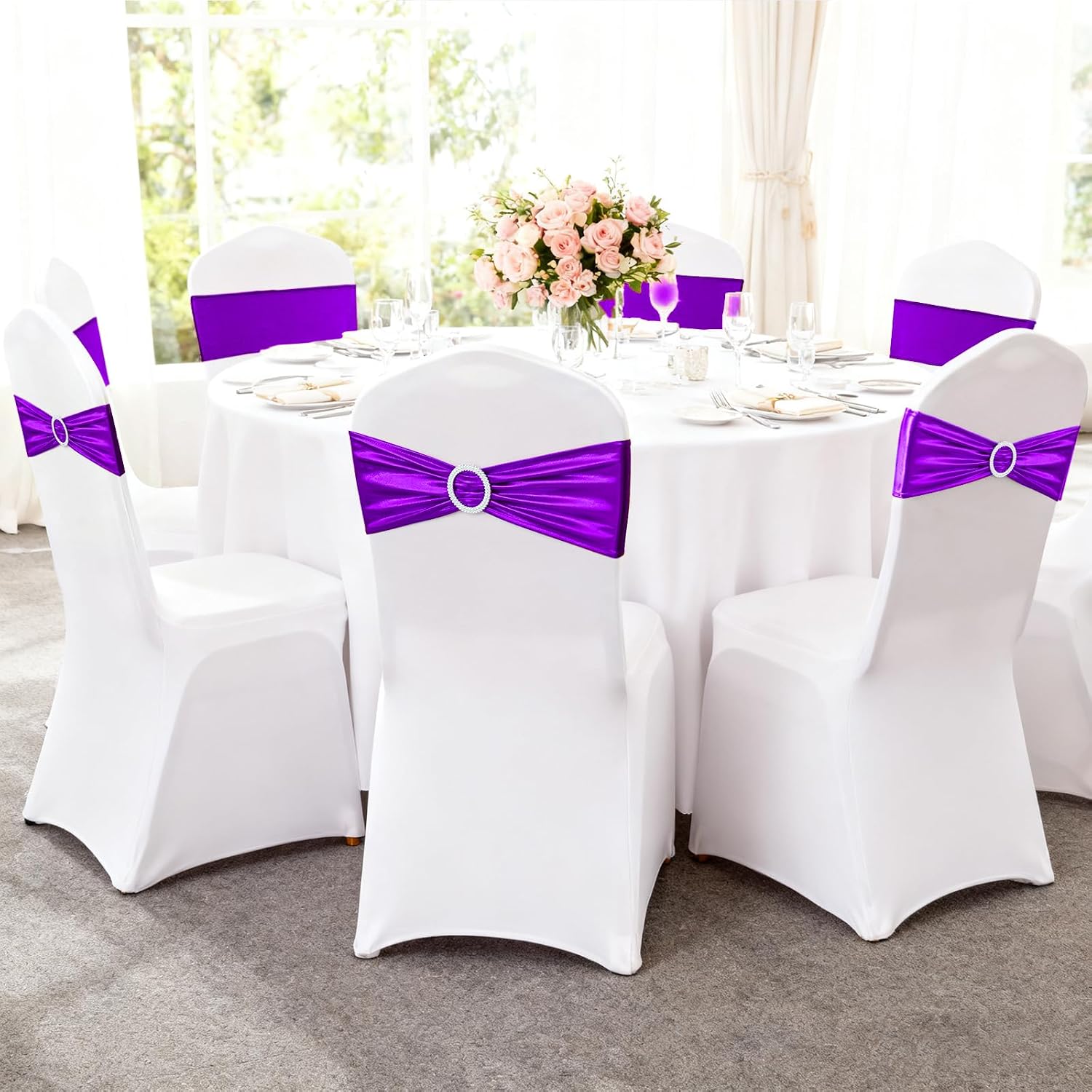 Purple Spandex Chair Sashes Bands 10 Packs Christmas Metallic Stretch Chair Ties Back Bows Bulk with Buckle Slider