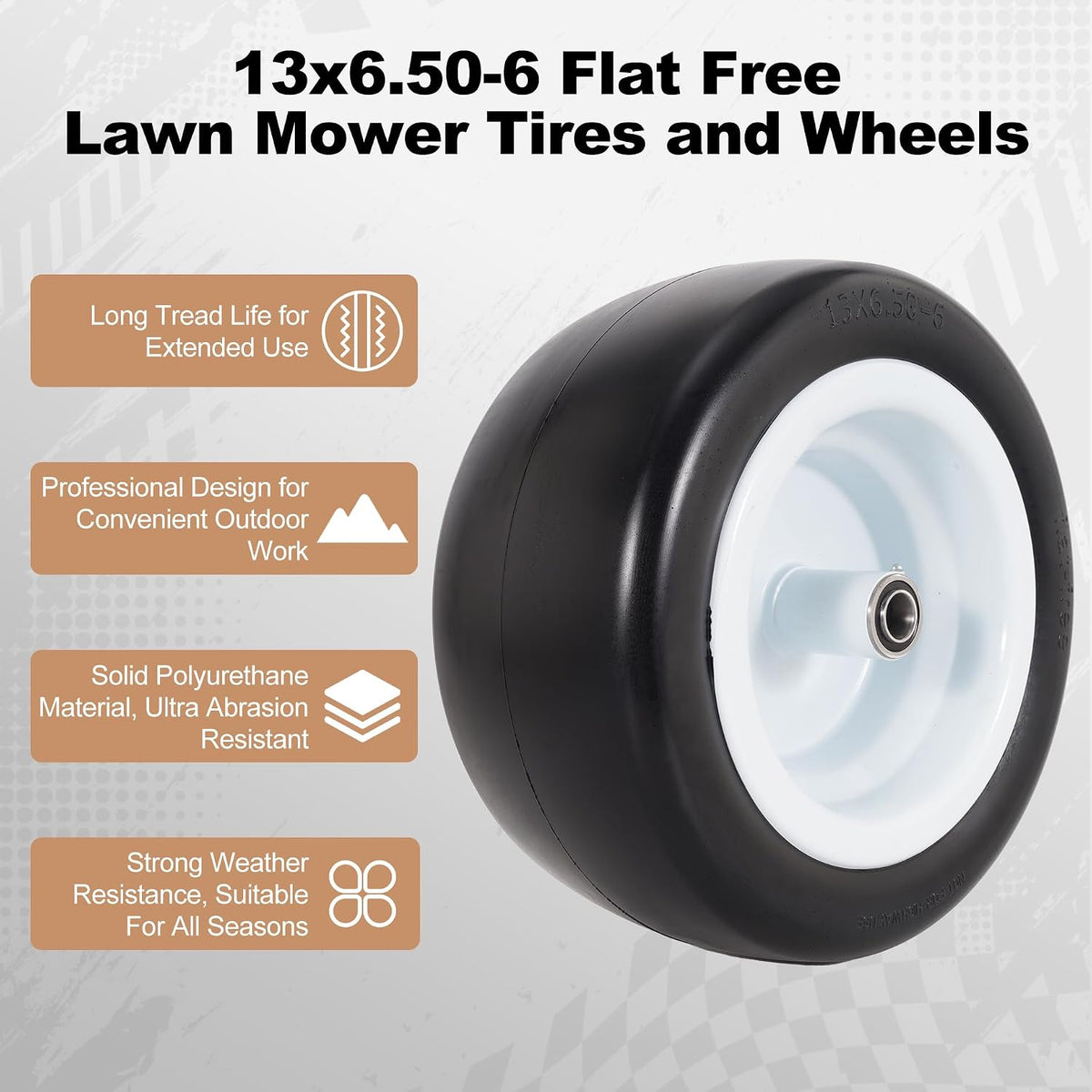 13x6.50-6 Flat Free Lawn Mower Tires and Wheelsfor Zero Turn Mowers | 13x6.5-6 Solid Front Smooth Tread Tires with