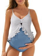 Maternity Swimsuit One Piece Ruffle Blue Stripe Large