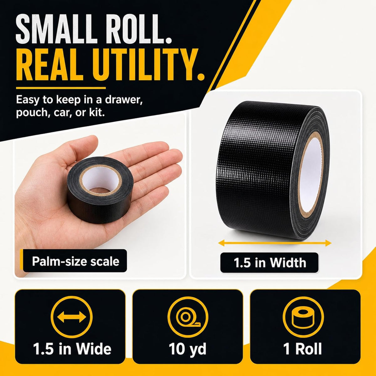 Mini Duct Tape 1.5" X 10 Yd, Travel Size, Water Resistant, 1 Roll