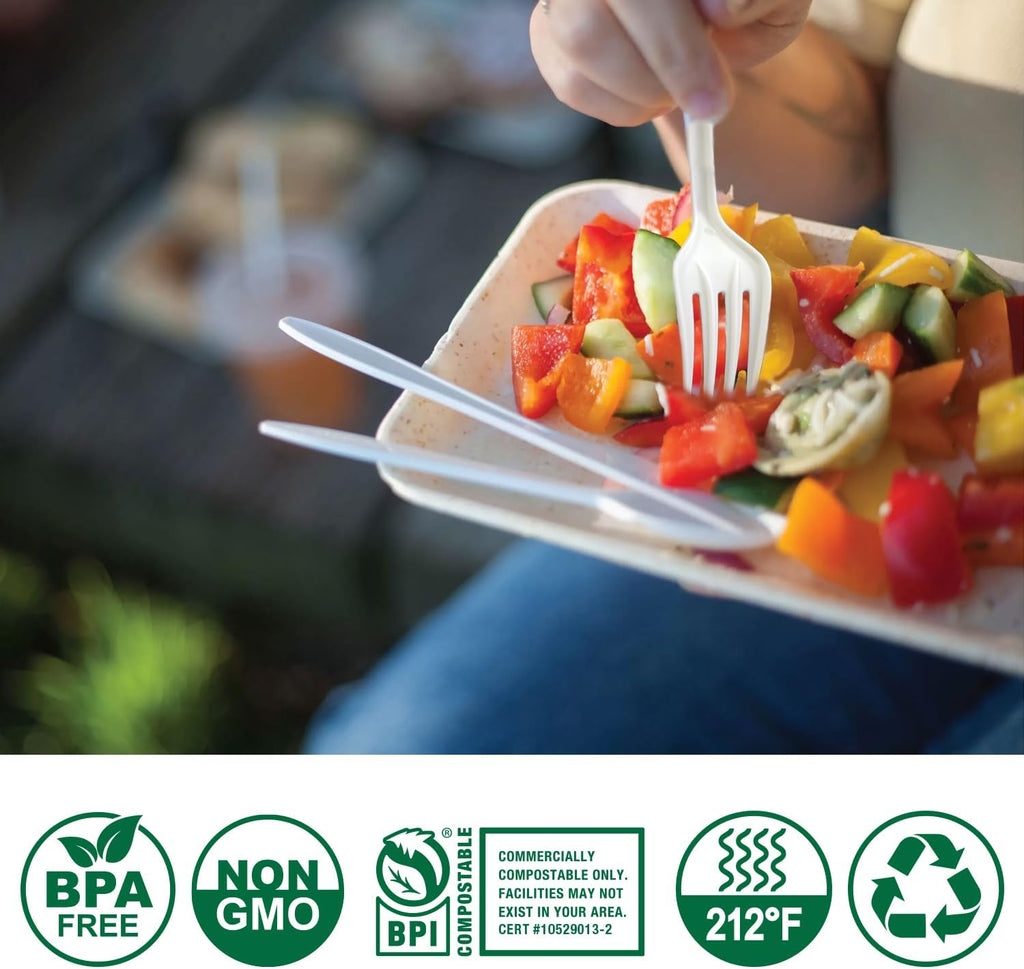100%Compostable No Plastic Knives Disposable Forks Spoons Plastic Utensils, The Heavyweight Heavy Duty Flatware is