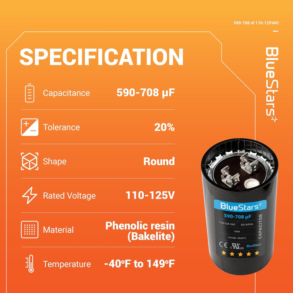 BlueStars 590-708 uF MFD 110-125 VAC Motor Start Capacitor Single Phase