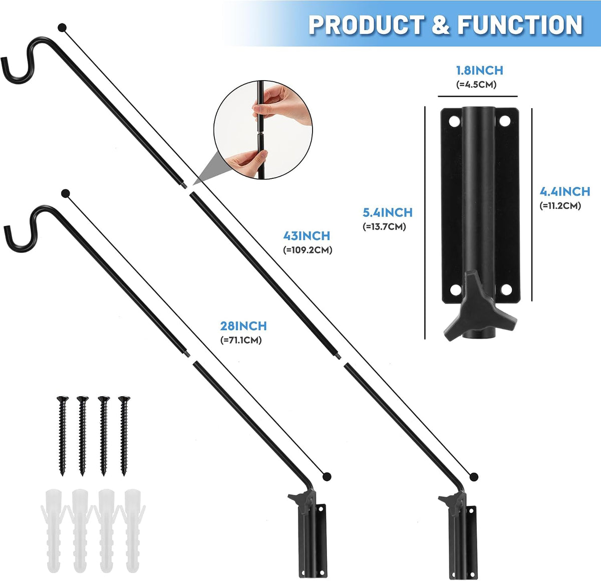 Extended Reach Deck Hook Wall Pole Wall Mounted, Extensible and Adjustable 28 inch to 43 inch Bracket for Hanging