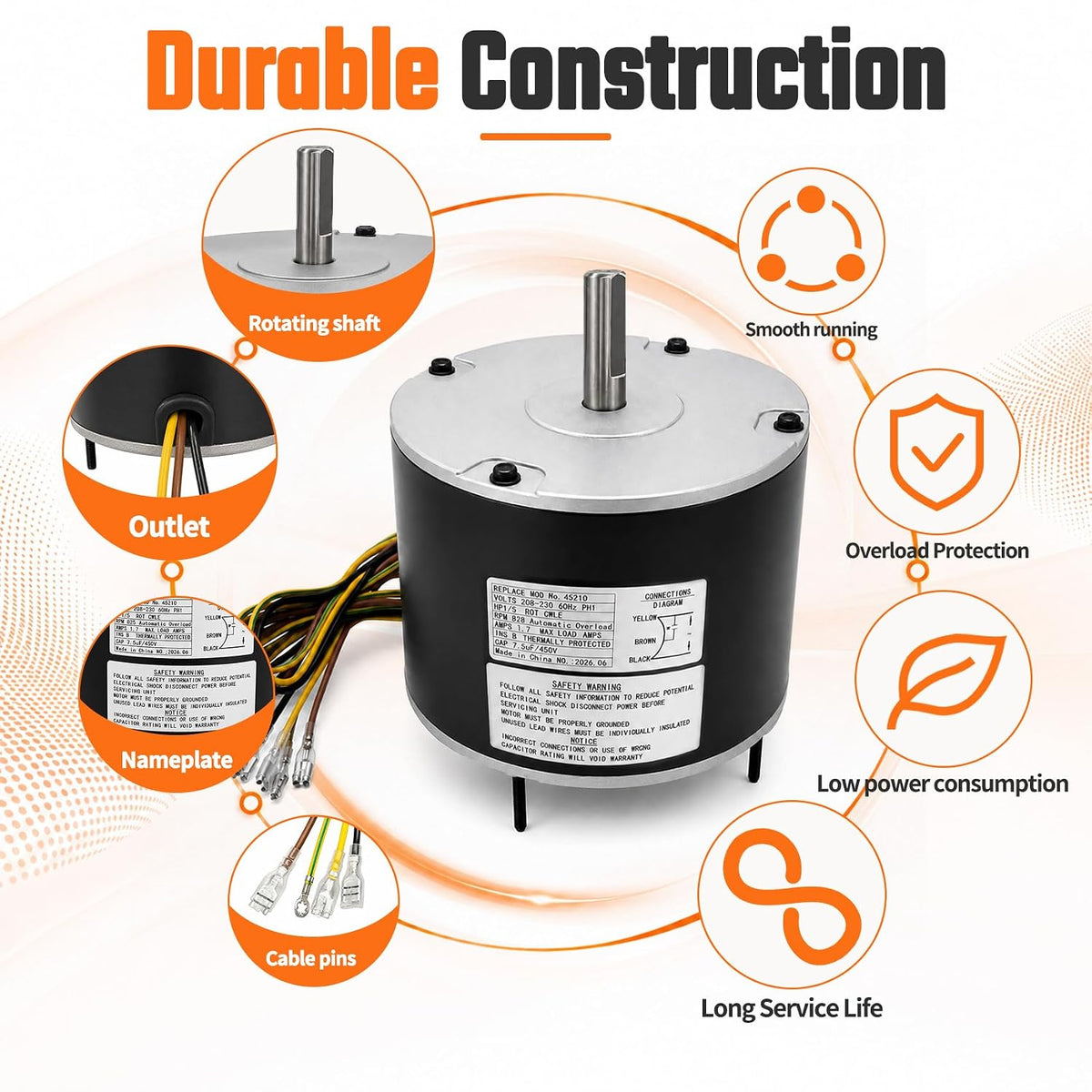 Outdoor Condenser Fan Motor 1/5 HP 825 RPM with Capacitor - Replacement for Carrier HC37GE210 Rheem 51-23055-12 GE 5KCP39EFN759AS Packard 45210 AC HVAC Fan Motor