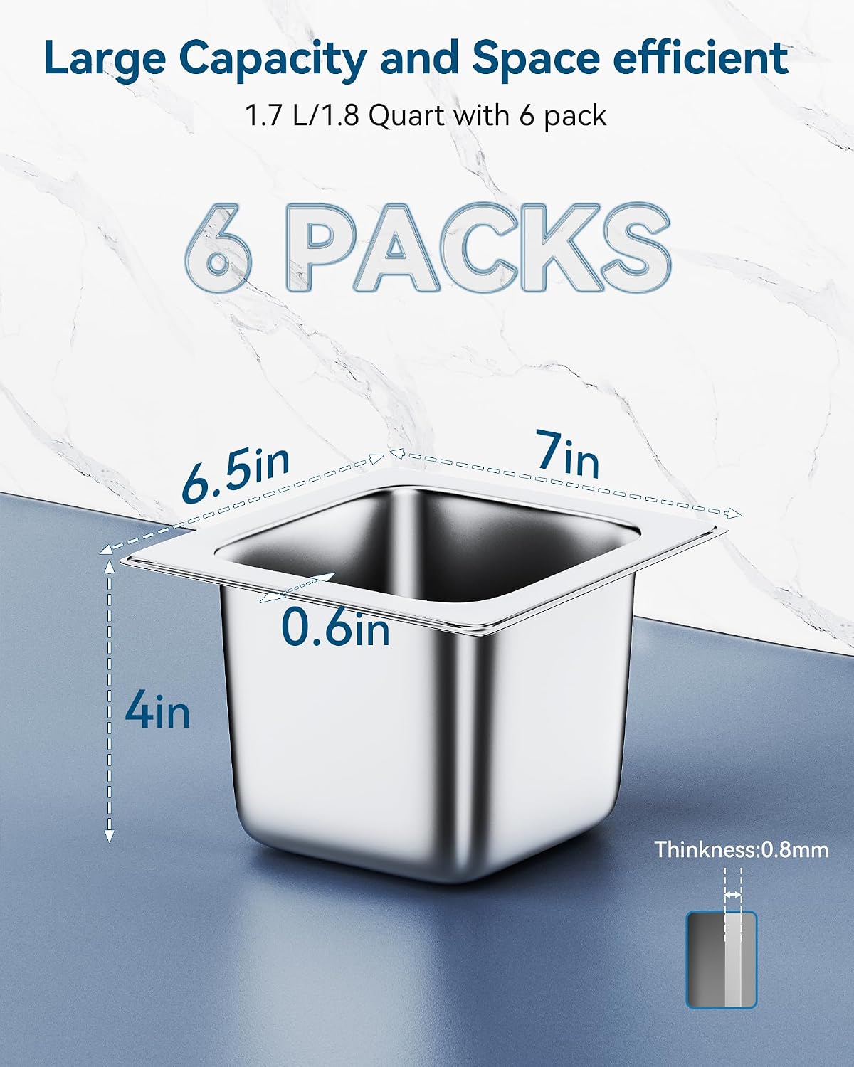 6 Pack Hotel Pans 1/6 Size 4" Deep Steam Table Pan