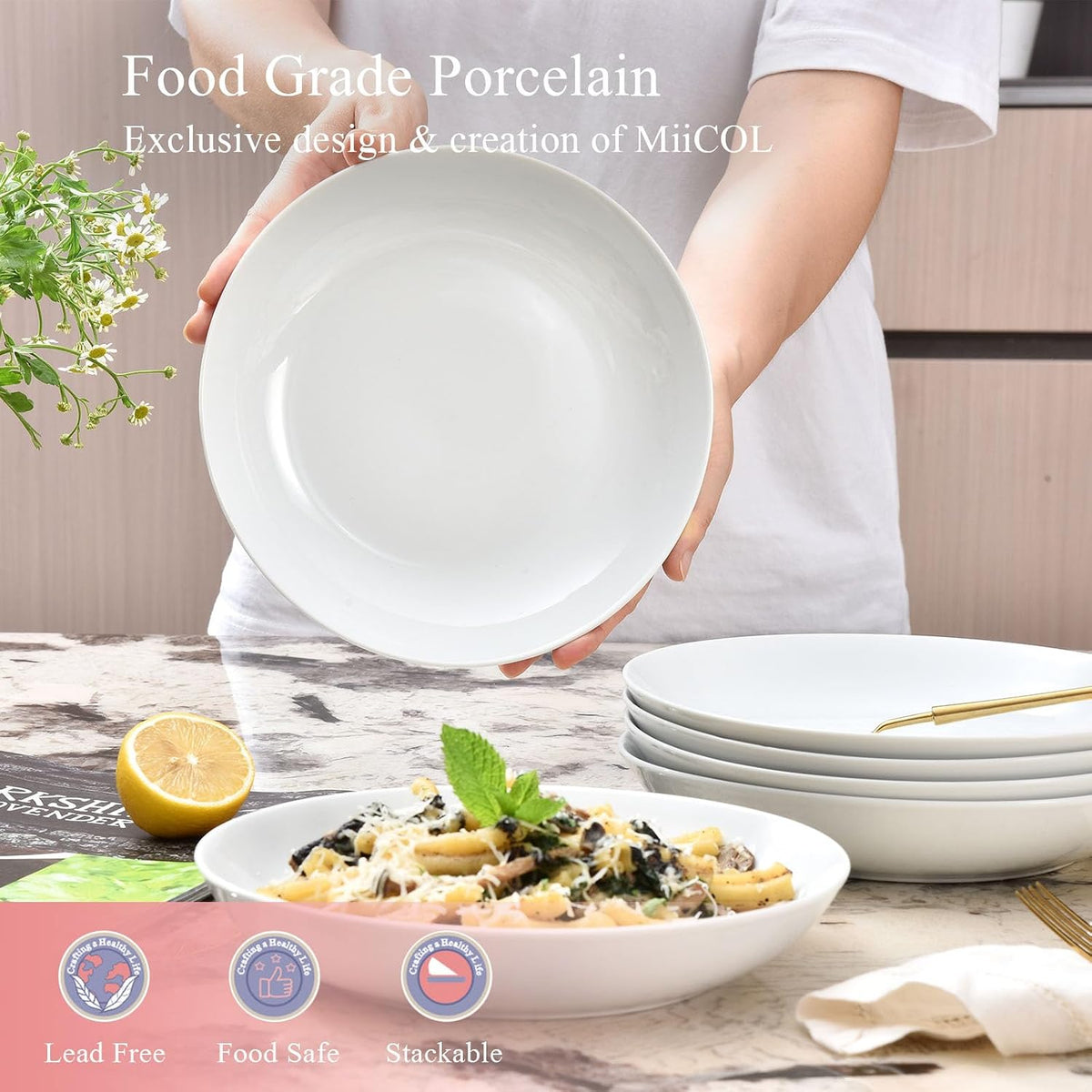 White Pasta Bowls 28 oz, Ceramic Salad Bowls Set of 6