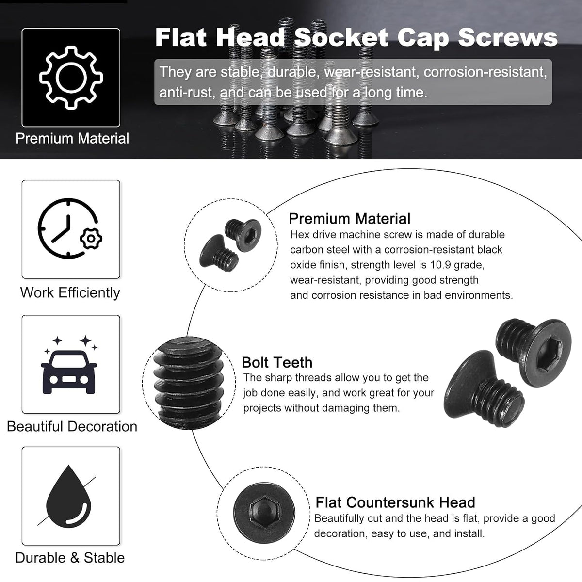 PATIKIL #10-32 x 1/4 Inch Flat Head Socket Cap Screws, 10 Pcs Flat Countersunk Bolts Hex Socket Drive Machine Screws Full Thread Coarse Thread UNC with Hex Spanner Black Oxide Grade 10.9