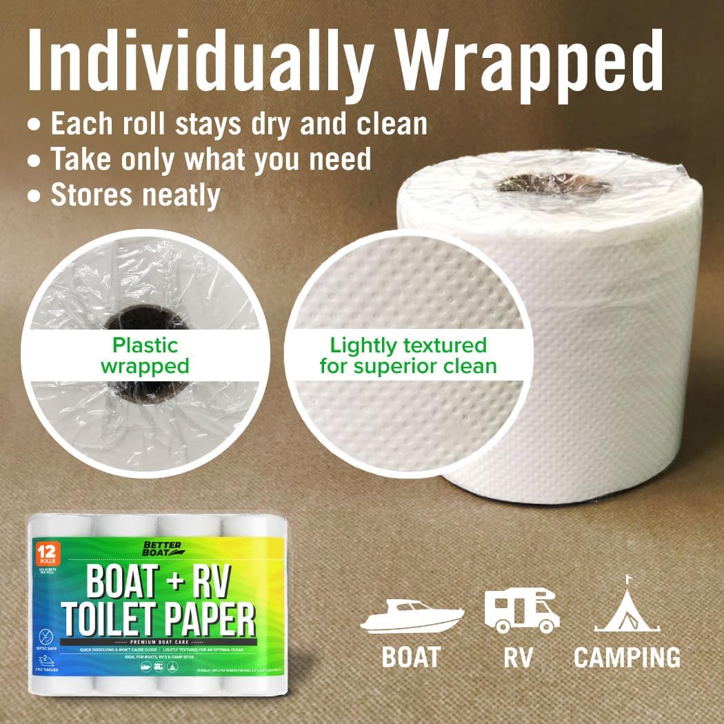 RV Toilet Paper 12 Rolls (500 Sheets Each), Rapid Dissolving 2-Ply