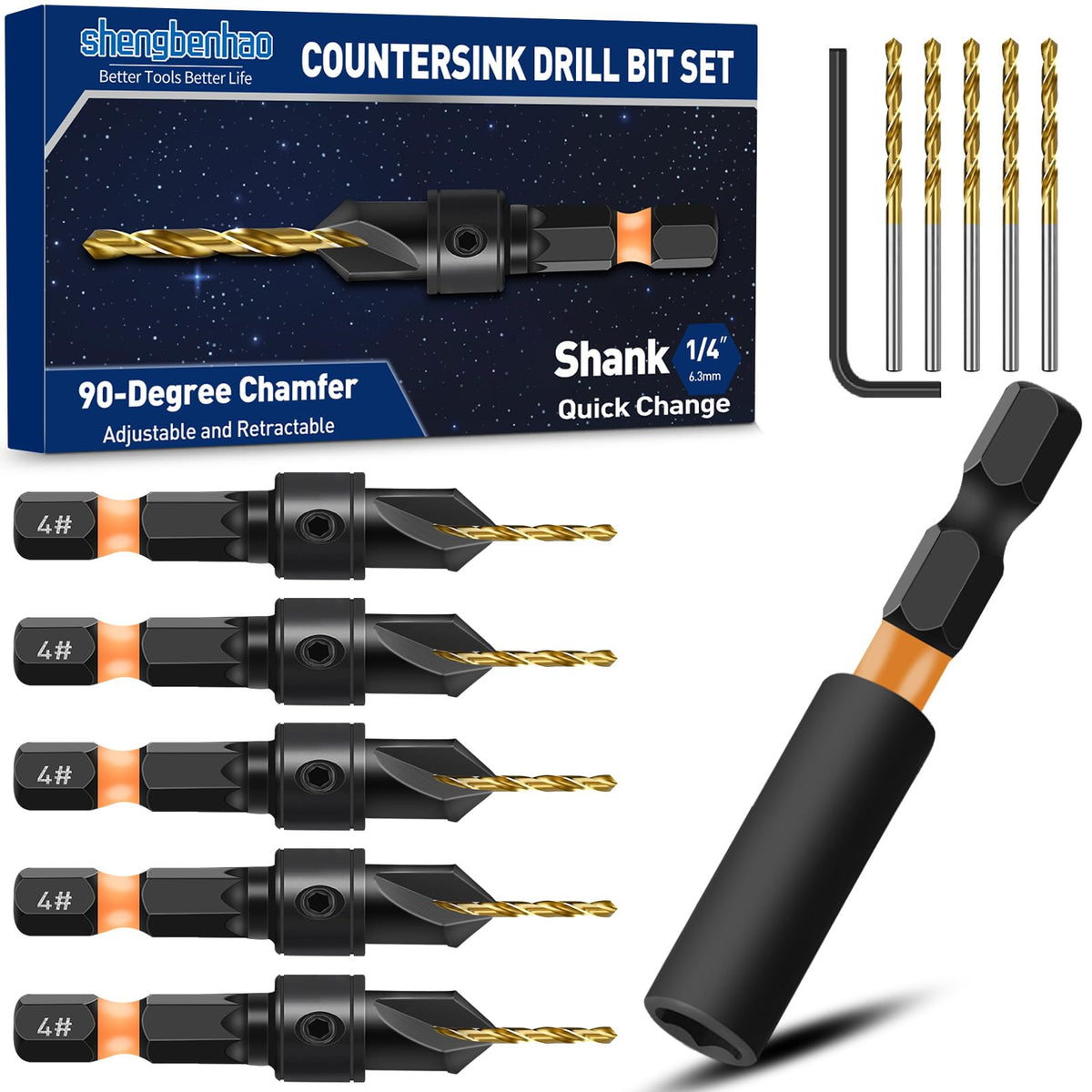 shengbenhao #4 Countersink Drill Bit Set for Wood 12Pcs Adjustable