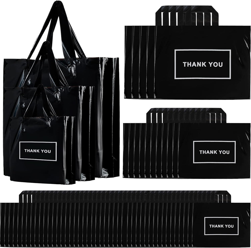 200 Pack Thank You Bags, Black Plastic Retail Bags with Handles