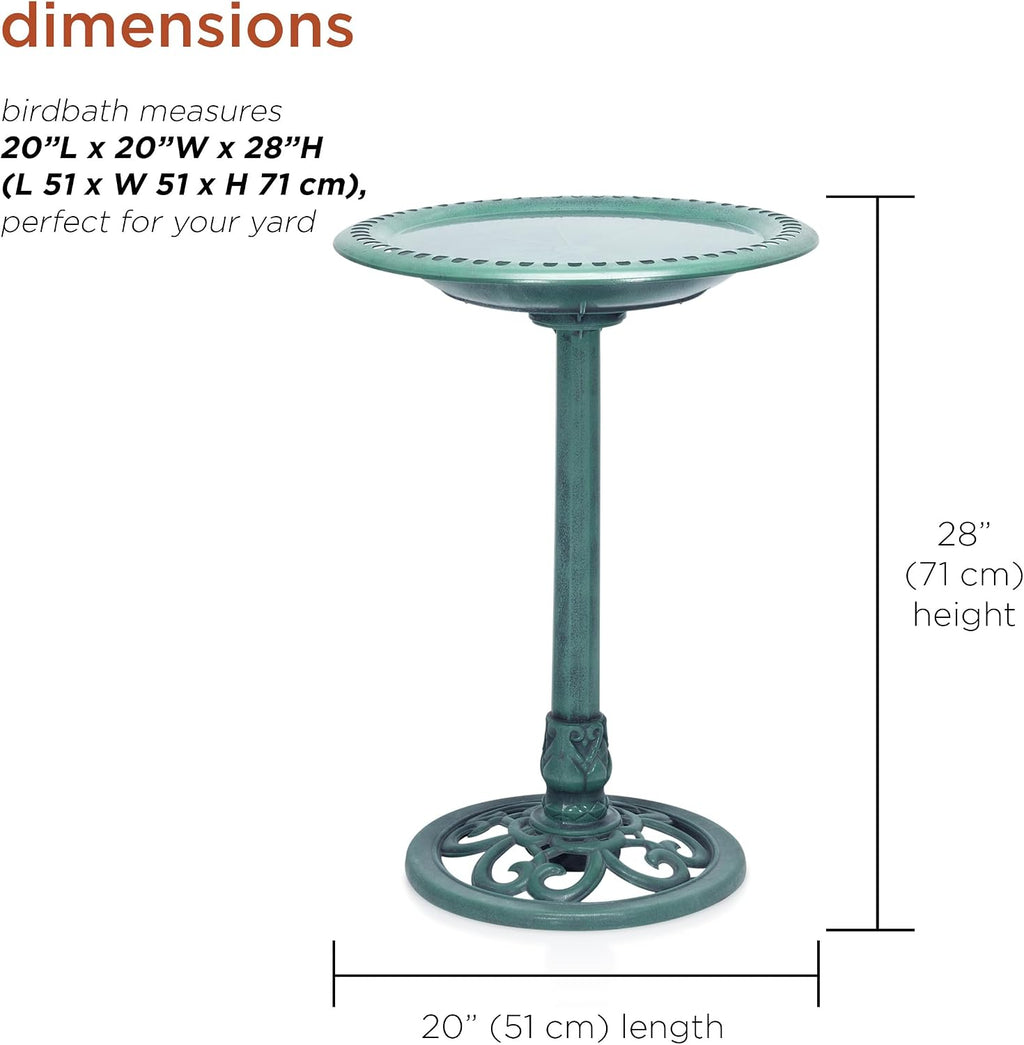TEC116 Outdoor Aged Green Pedestal Birdbath with Scrollwork, 28" Tall, Green