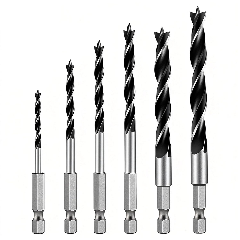 Brad Point Drill Bit Set, 6PCS Wood Drill Bits 1/8"-3/8" with Quick Change Hex Shank - Wood Drill Bit Set