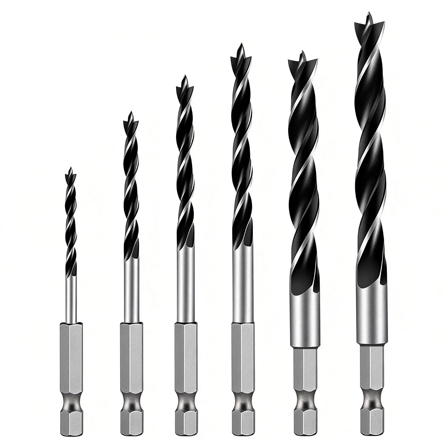 Brad Point Drill Bit Set, 6PCS Wood Drill Bits 1/8"-3/8" with Quick Change Hex Shank - Wood Drill Bit Set