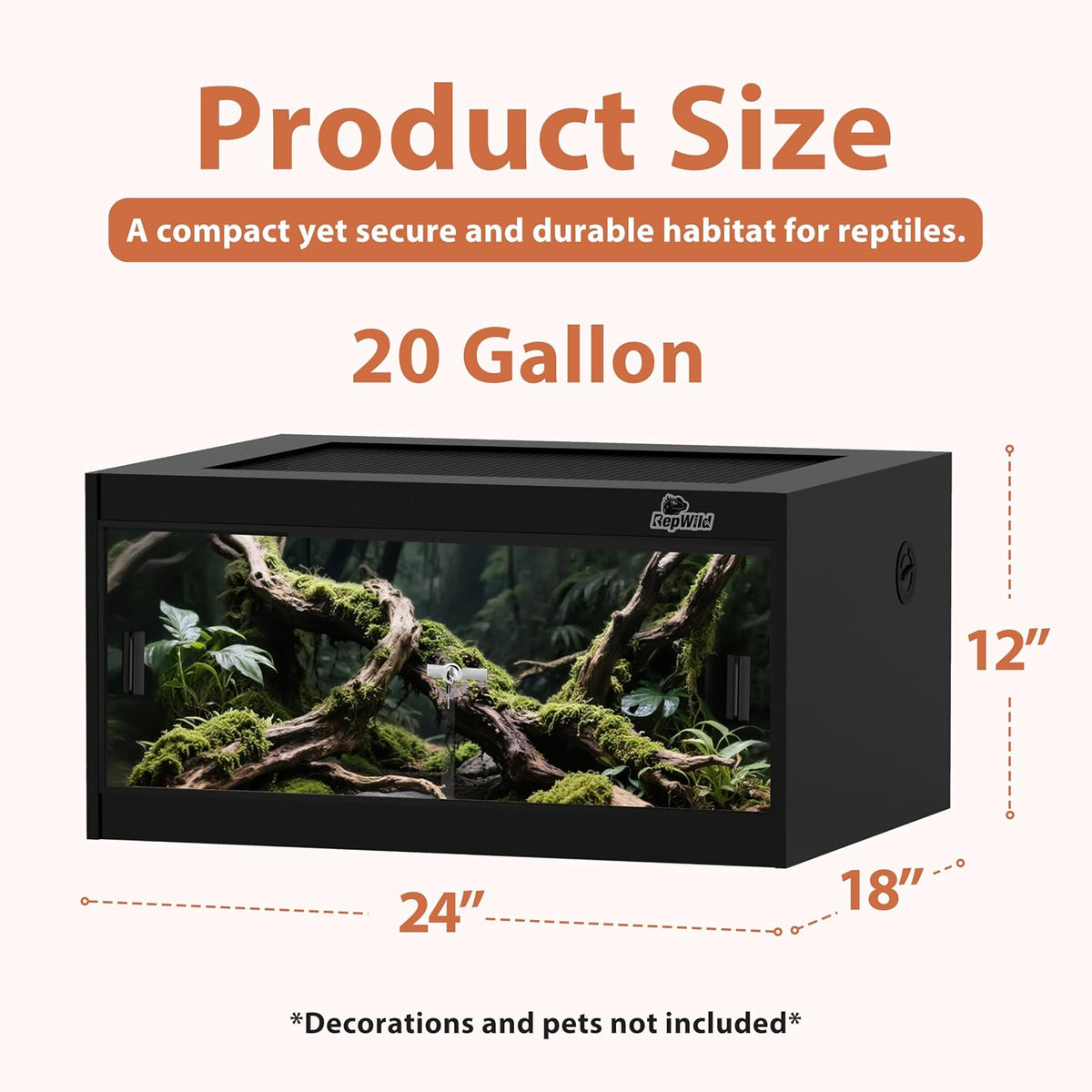 20 Gallon PVC Reptile Enclosure, RepWild 24"x18"x12" Terrarium/Tank with Heavy-Duty Screen Top, Glass Sliding Doors &
