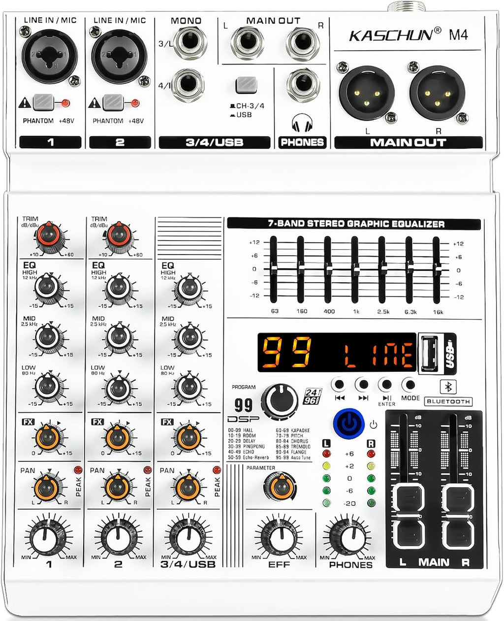 4-Channel Bluetooth Audio Mixer,Recording PC Mixer with XLR USB Interface | Mini Mixer Board with 99 DSP