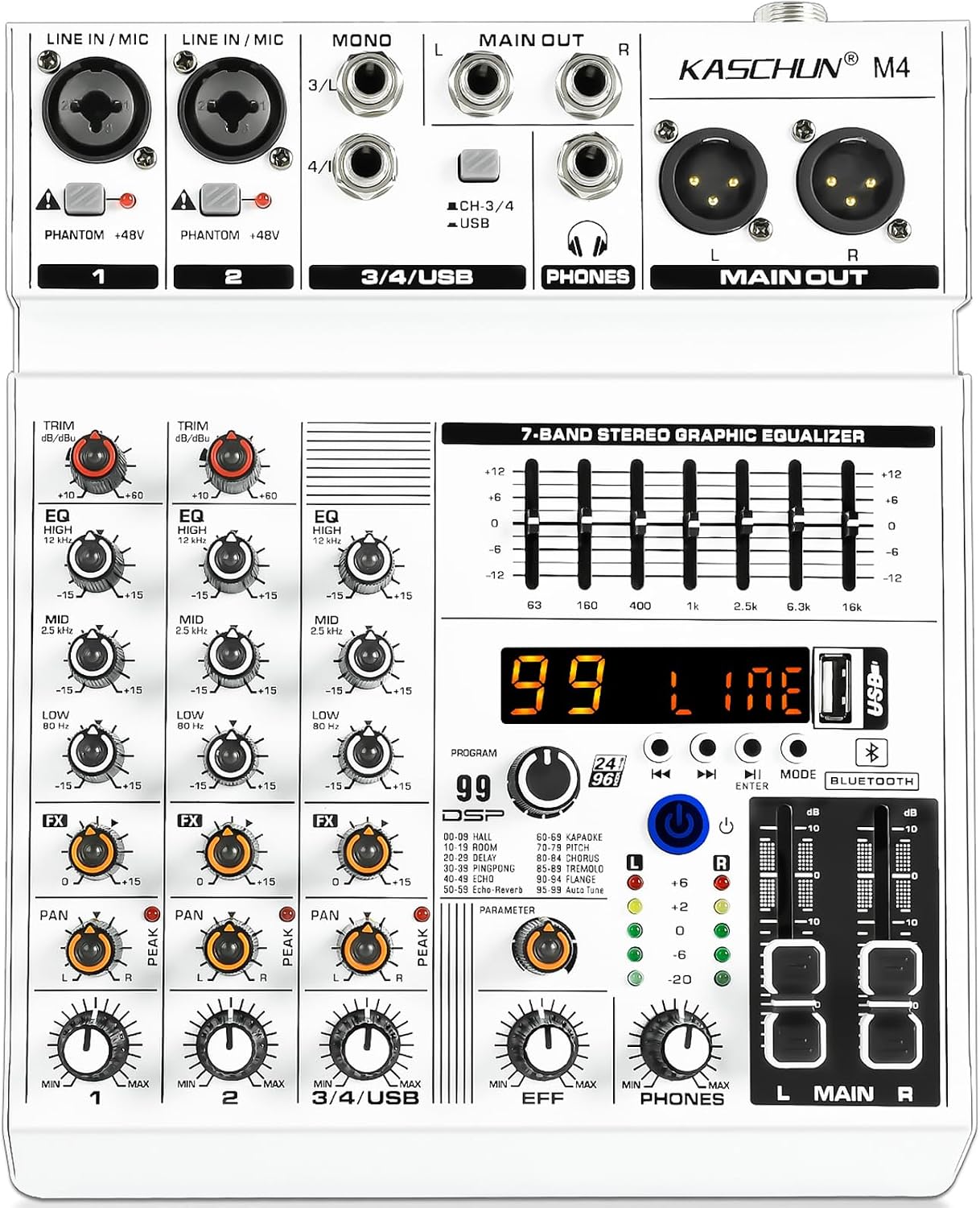 4-Channel Bluetooth Audio Mixer,Recording PC Mixer with XLR USB Interface | Mini Mixer Board with 99 DSP