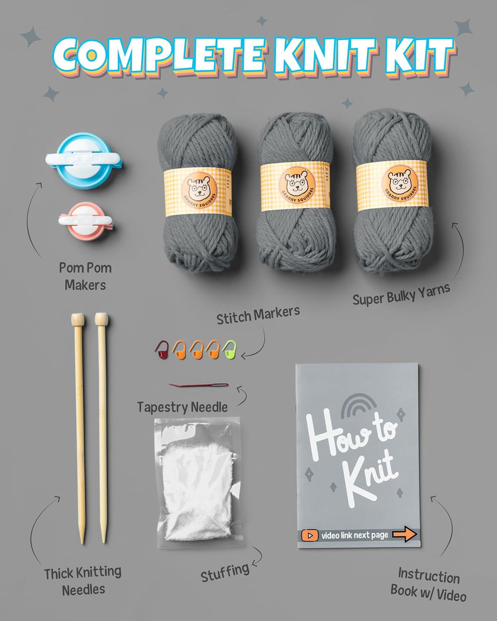 Complete Knitting Kit for Beginners - Learn to Knit Kit with Knitting Accessories Like Thick Beginner Yarn in Gray