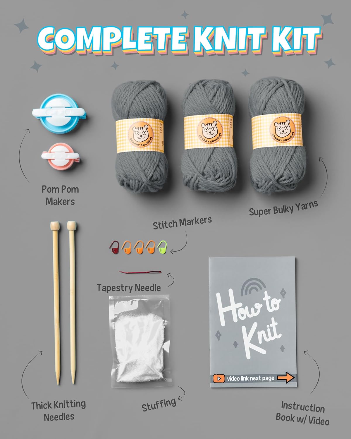 Complete Knitting Kit for Beginners - Learn to Knit Kit with Knitting Accessories Like Thick Beginner Yarn in Gray