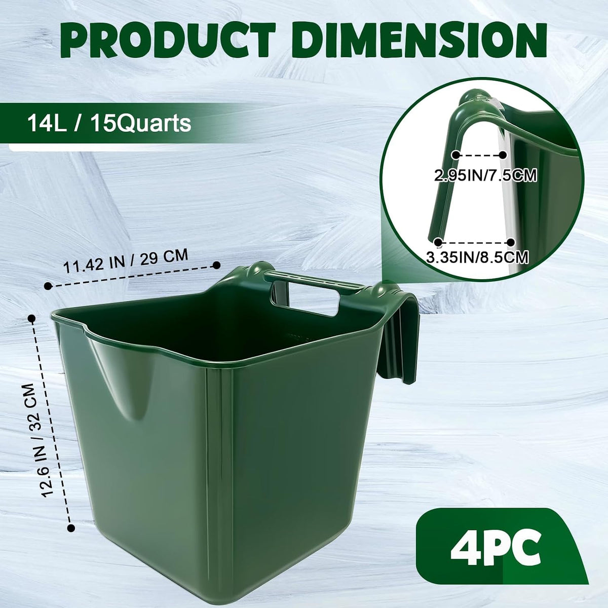 Horse Feed Bucket, 15 Quart Plastic Stall Hook Over, Green 4-Pack