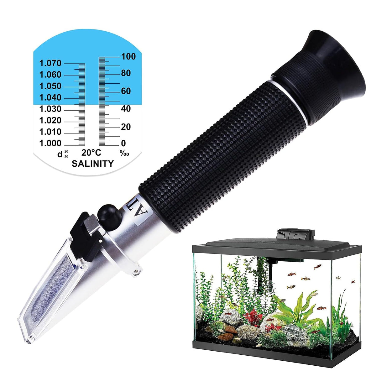 Salinity Refractometer with ATC, Dual Scale Sea Water Refractometer, 0-10% Salinity Range (1.0 to 1.070 Density /