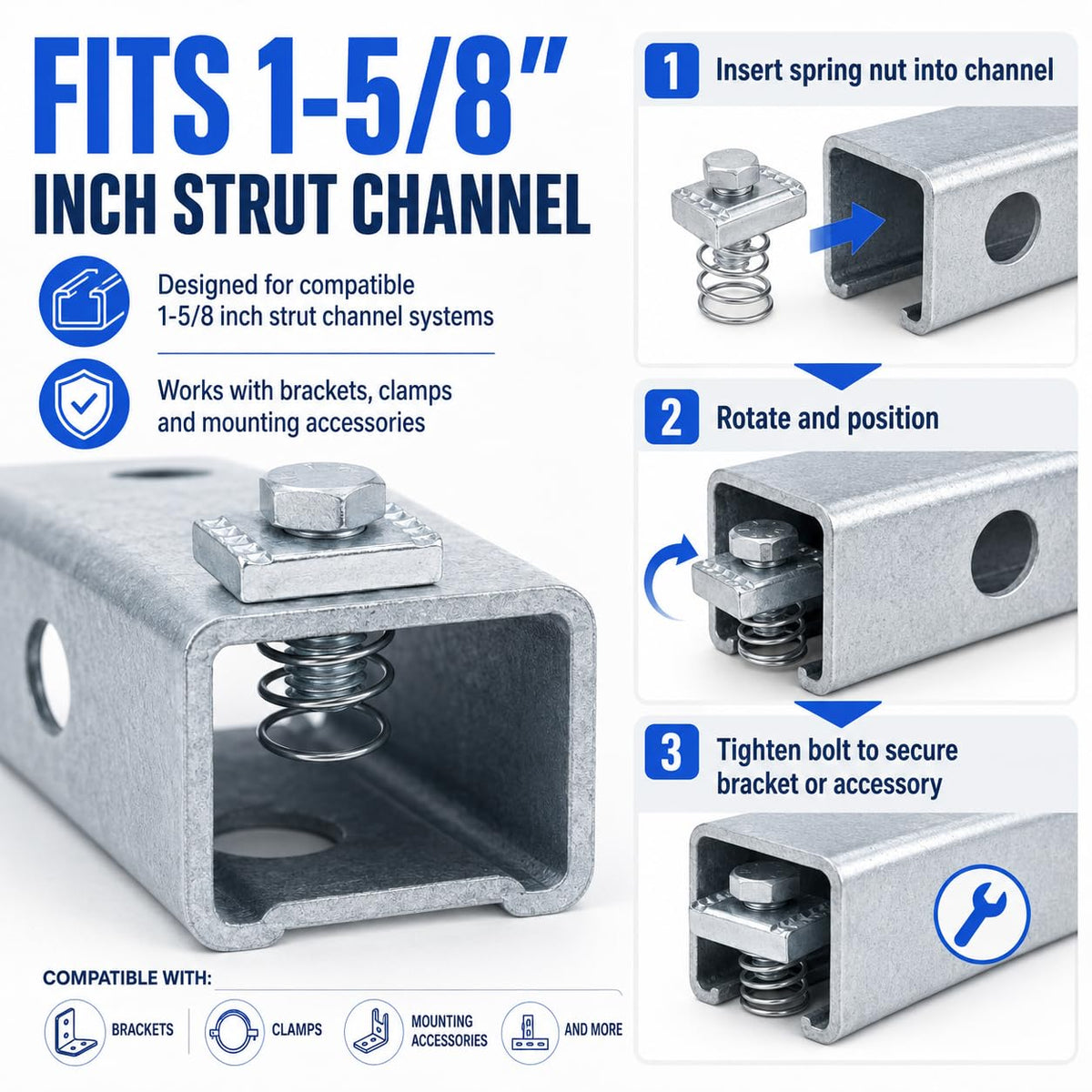 50 Set 3/8-16 Spring Nut and Bolt Kit for 1-5/8 Strut Channel