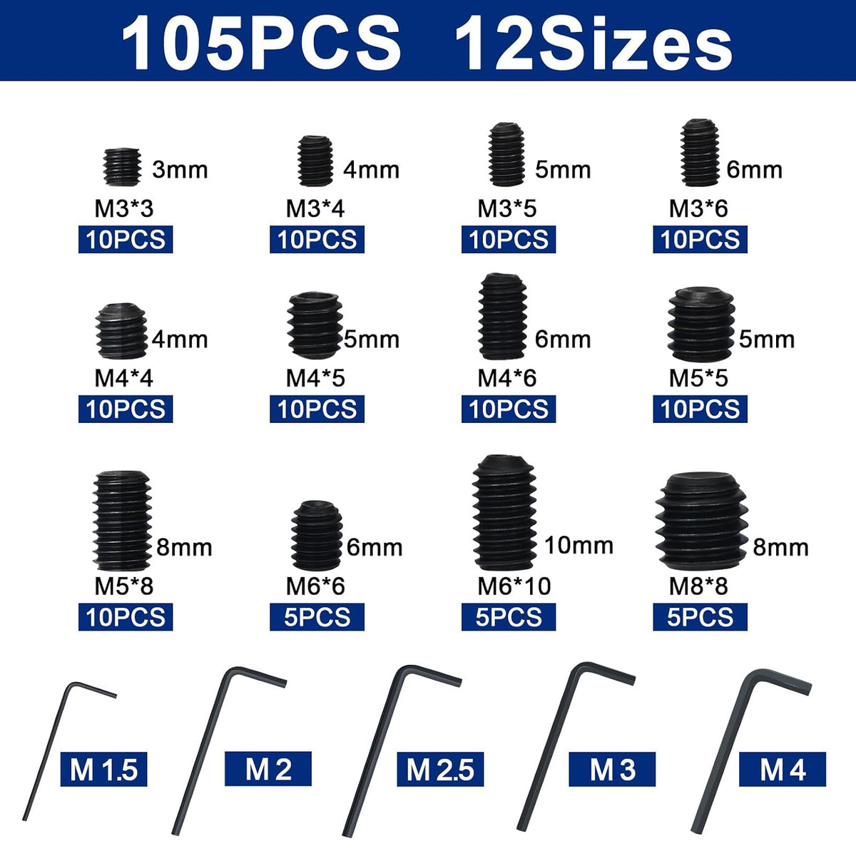 105Pcs Set Screws Assortment Kit, M3 M4 M5 M6 M8 for Daily Needs