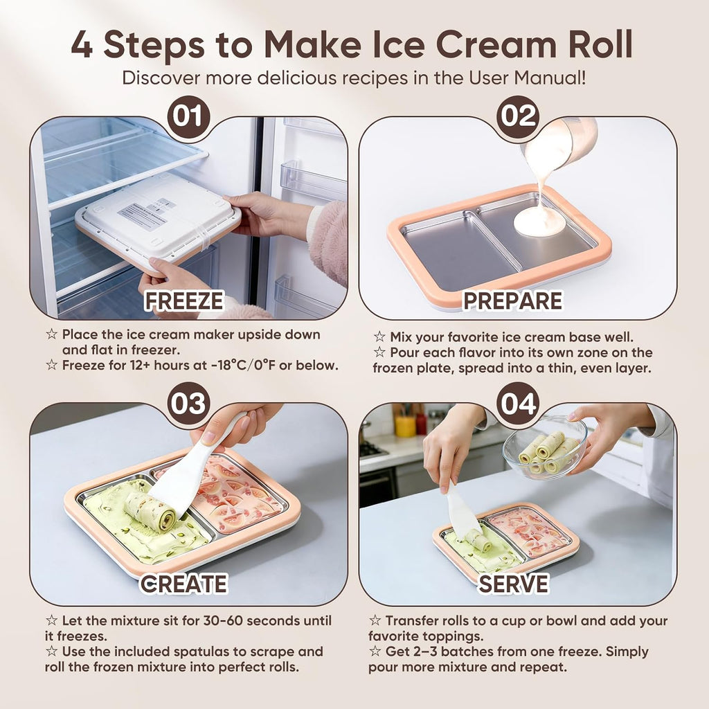 Rolled Ice Cream Maker, Dual Trays Instant Ice Cream Maker with 4 Spatulas