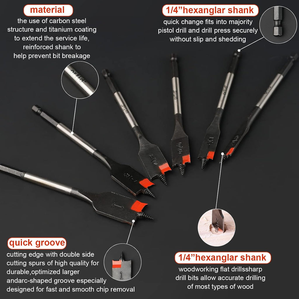 6 pc Standard Spade Bit Drill Bit Set,Threaded Spade Bit with Quick Change Shank for Hole Cutter Woodworking