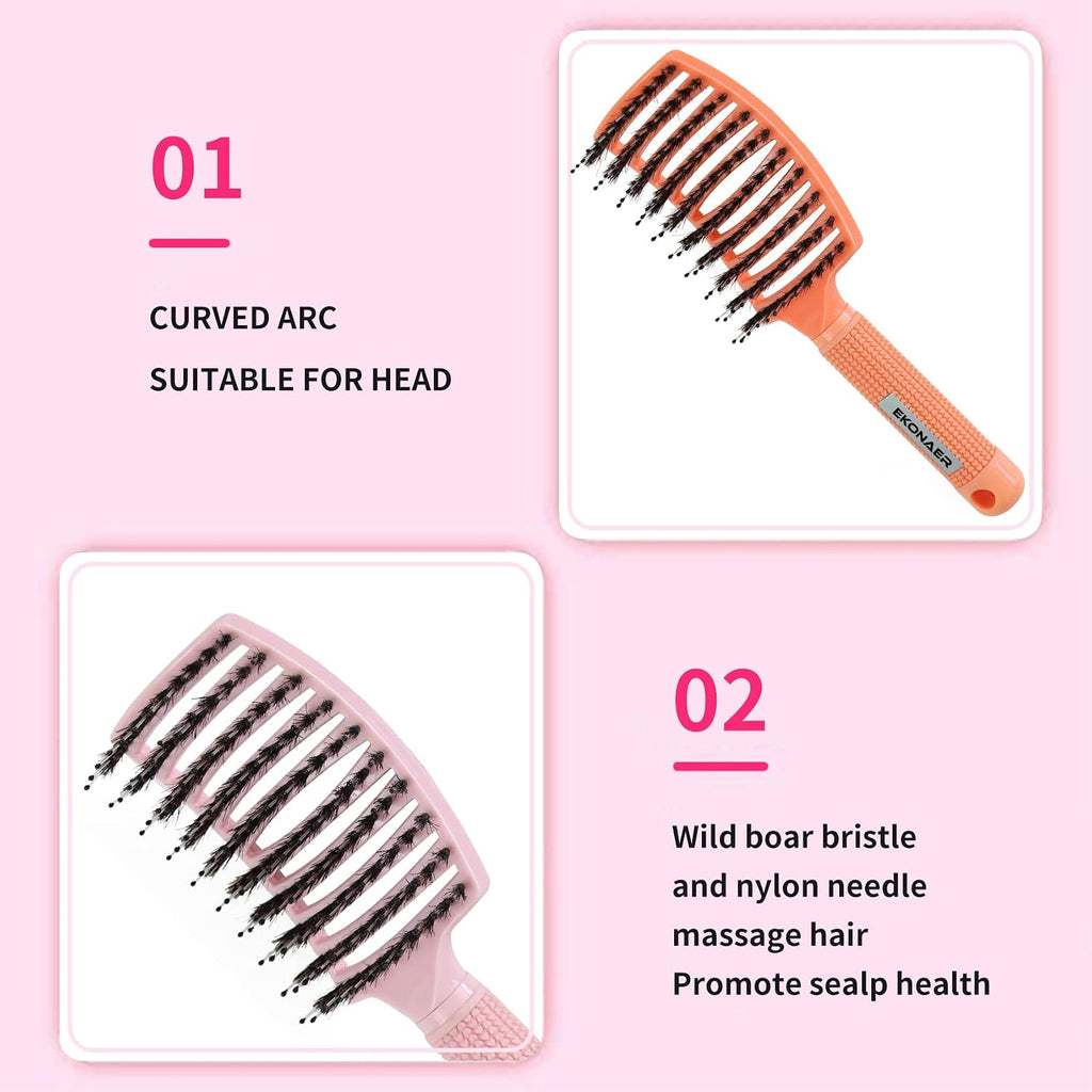 3 Pack Vented Quick Drying Massage Blow Detangler Brush,Boar Bristle Hair Brush Set-Curved,Detangling Hair Brush for