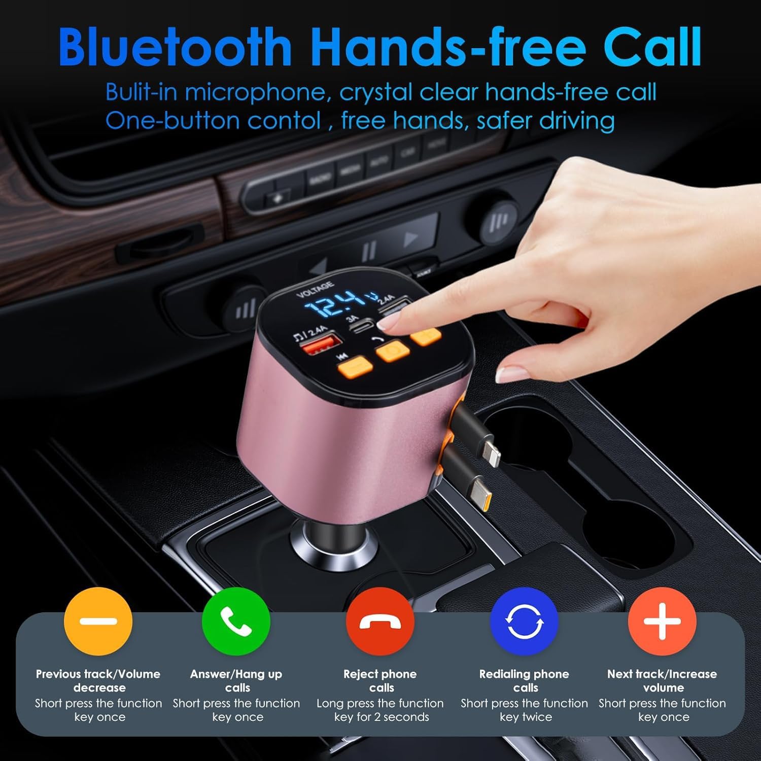 Retractable Car Charger,5 in 1 Fast Car Phone Charger 90W,Bluetooth 5.3 FM Transmitter Adapter,Handsfree Call,2
