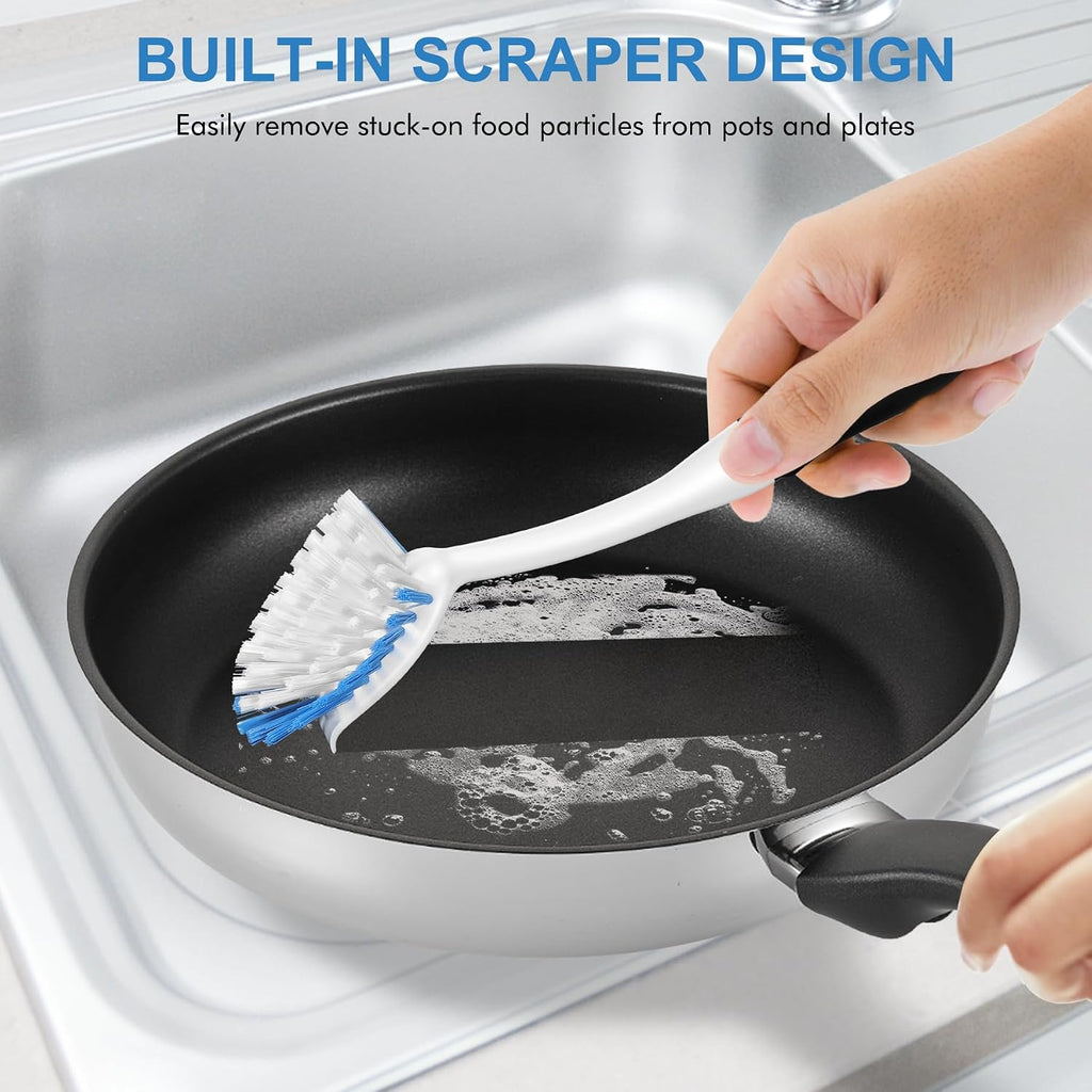 Dish Brush with Handle, 2 Pack Stiff Bristles Dish Scrubber with Built-in Scraper Dish Scrub Brushes for Cleaning