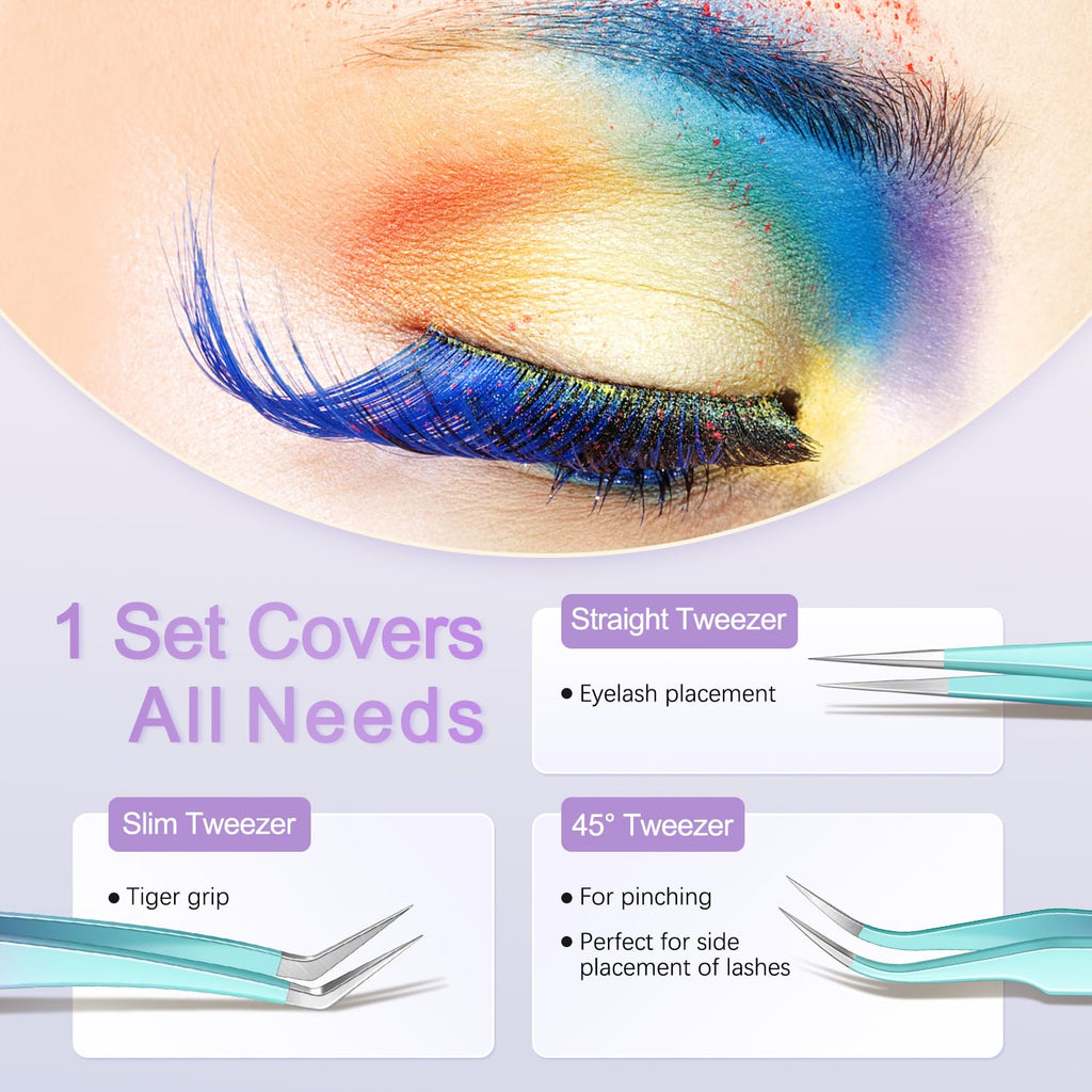 5 PCS Lash Tweezers Set for Eyelash Clusters | High-Precision Eyelash Tweezers Kit for Lash Extensions with Leather