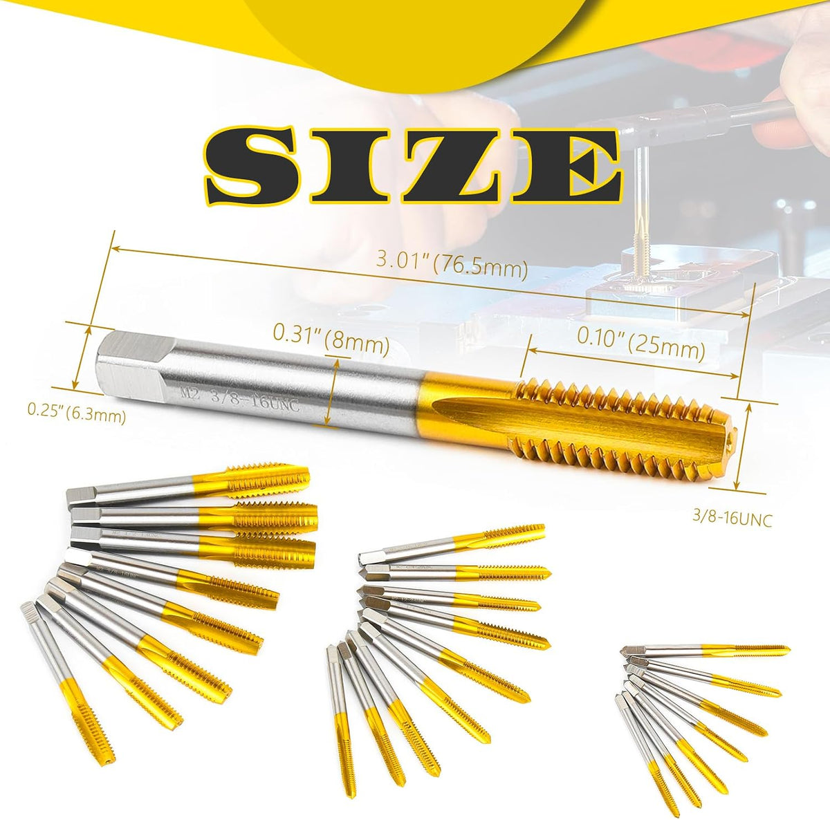 3Pcs 3/8"-16 UNC Thread Tap for Metal,Taper+Plug+Bottom Threading Hand Tap