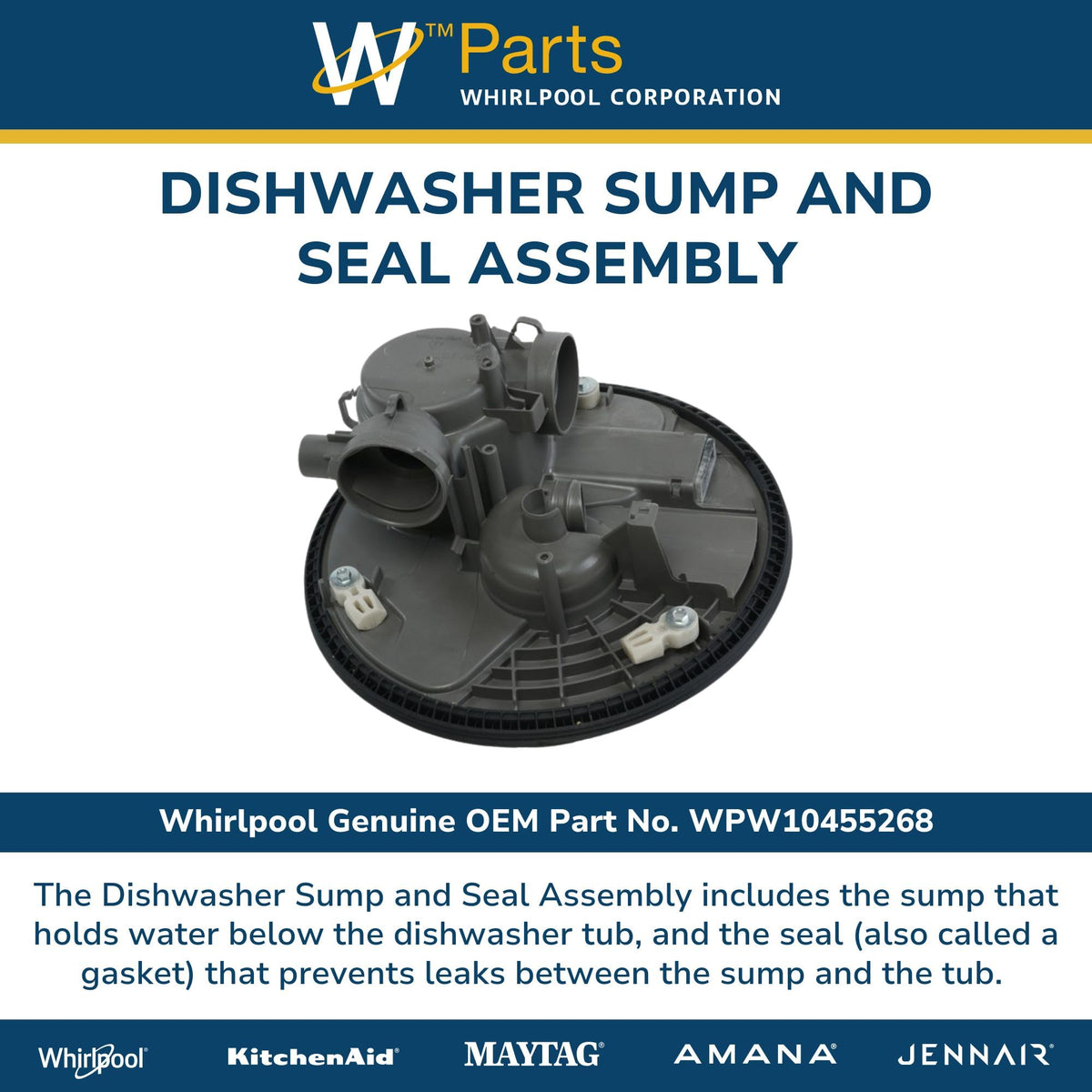 Whirlpool WPW10455268 OEM Dishwasher Sump and Seal Assembly, Black