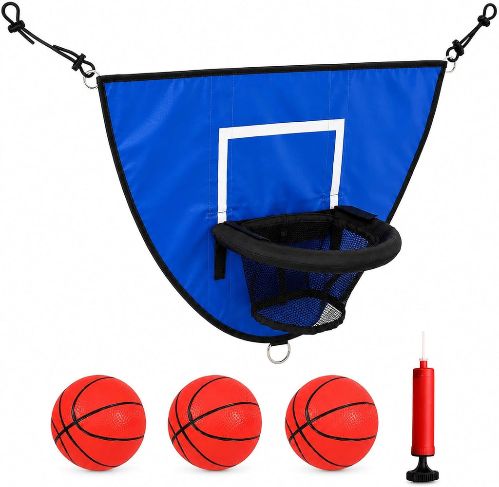 Trampoline Basketball Hoop Attachment, Soft PVC Backboard, 3 Balls & Pump | Attaches to enclosure net or poles; no