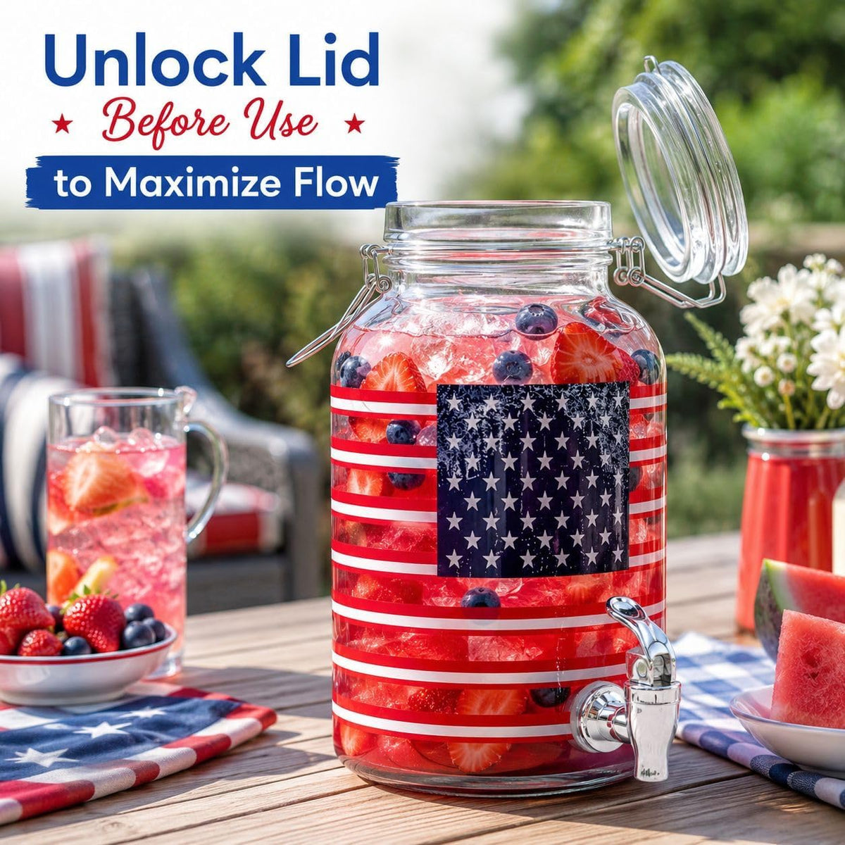 Drink Dispenser, Glass Beverage Dispenser Set (USA Flag-1 Gallon)